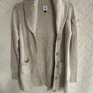 CAbi Neutral Shawl-Collar Button Cardigan in Oatmeal